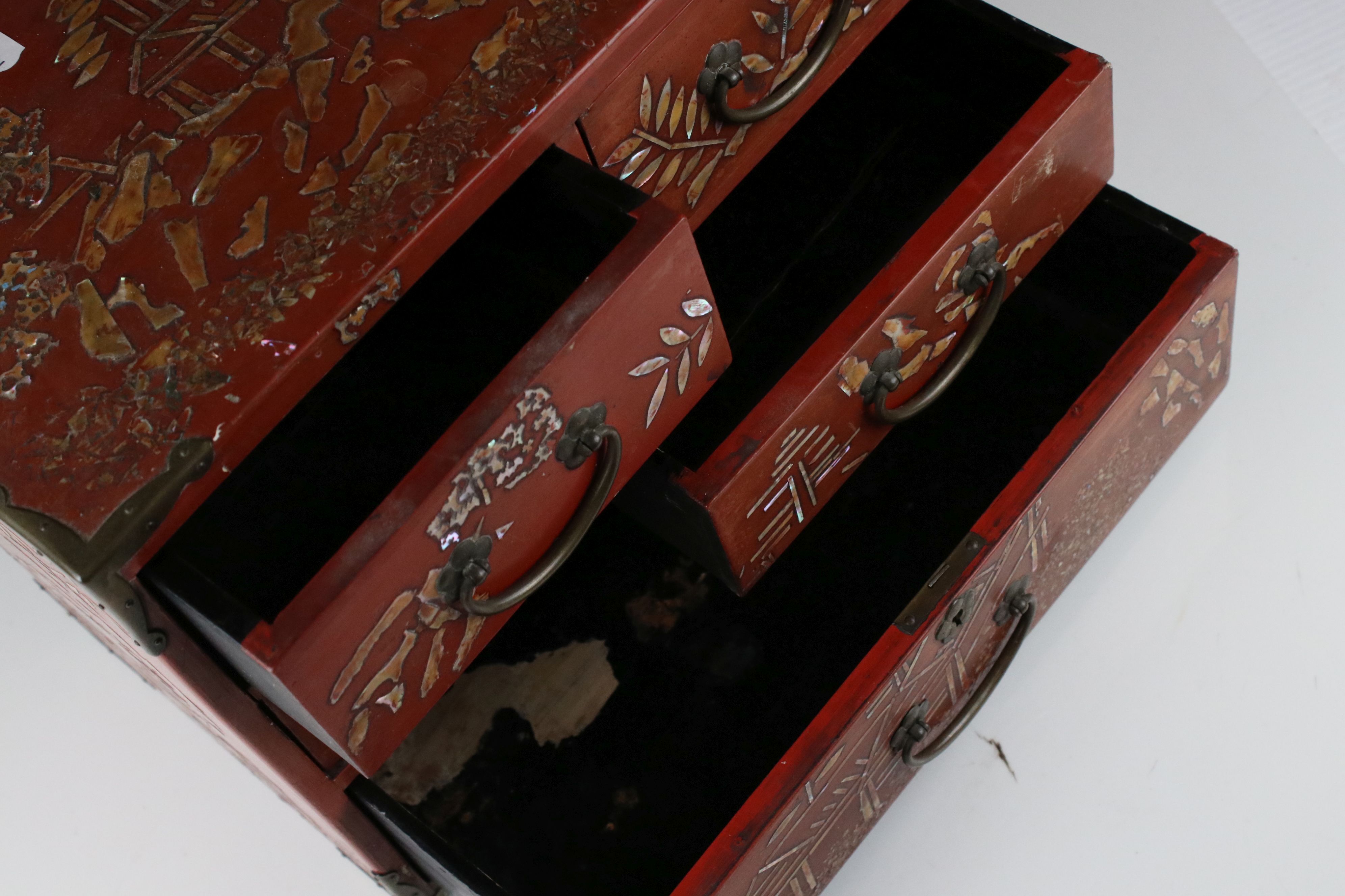 Japanese Red Lacquer and Brass Bound Table Top Cabinet with mother of pearl style decoration, - Image 3 of 7