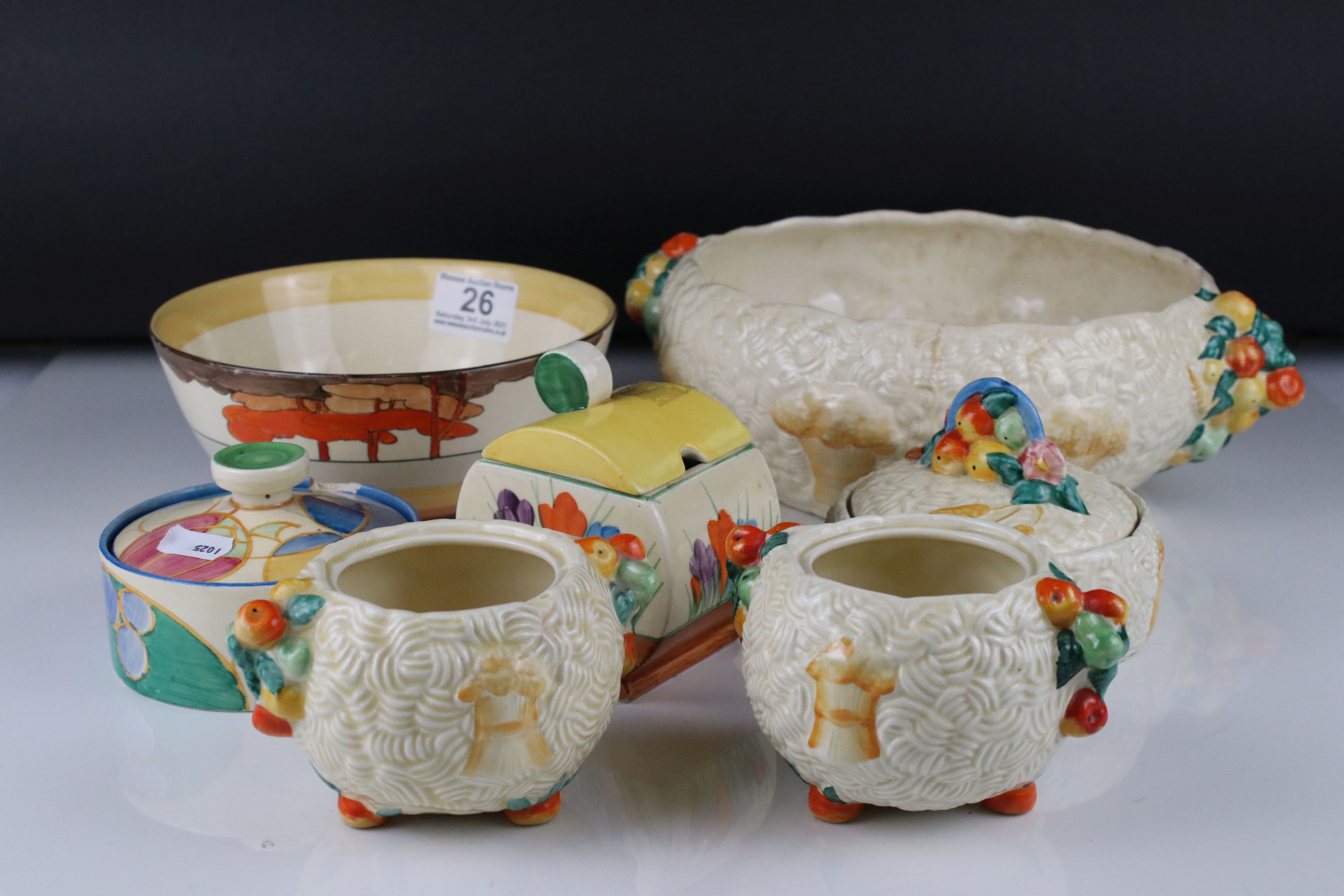 Seven items of Clarice Cliff Pottery including Bizarre Crocus Patter Preserve Jar, Bizarre Bowl
