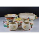 Seven items of Clarice Cliff Pottery including Bizarre Crocus Patter Preserve Jar, Bizarre Bowl