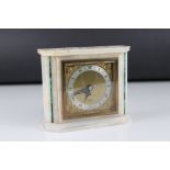 Art Deco Elliott Mantle Clock contained in a White Onyx Case with Malachite stripping, 14cms high