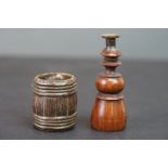 A antique wooden handled seal together with a match holder in the form of a barrel.