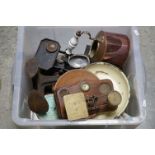 A box of mixed collectables to include a set of brass postal scales, a set of cast iron kitchen