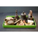 A group of mixed collectables to include a carved horn elephant suff box, a brass match holder and a