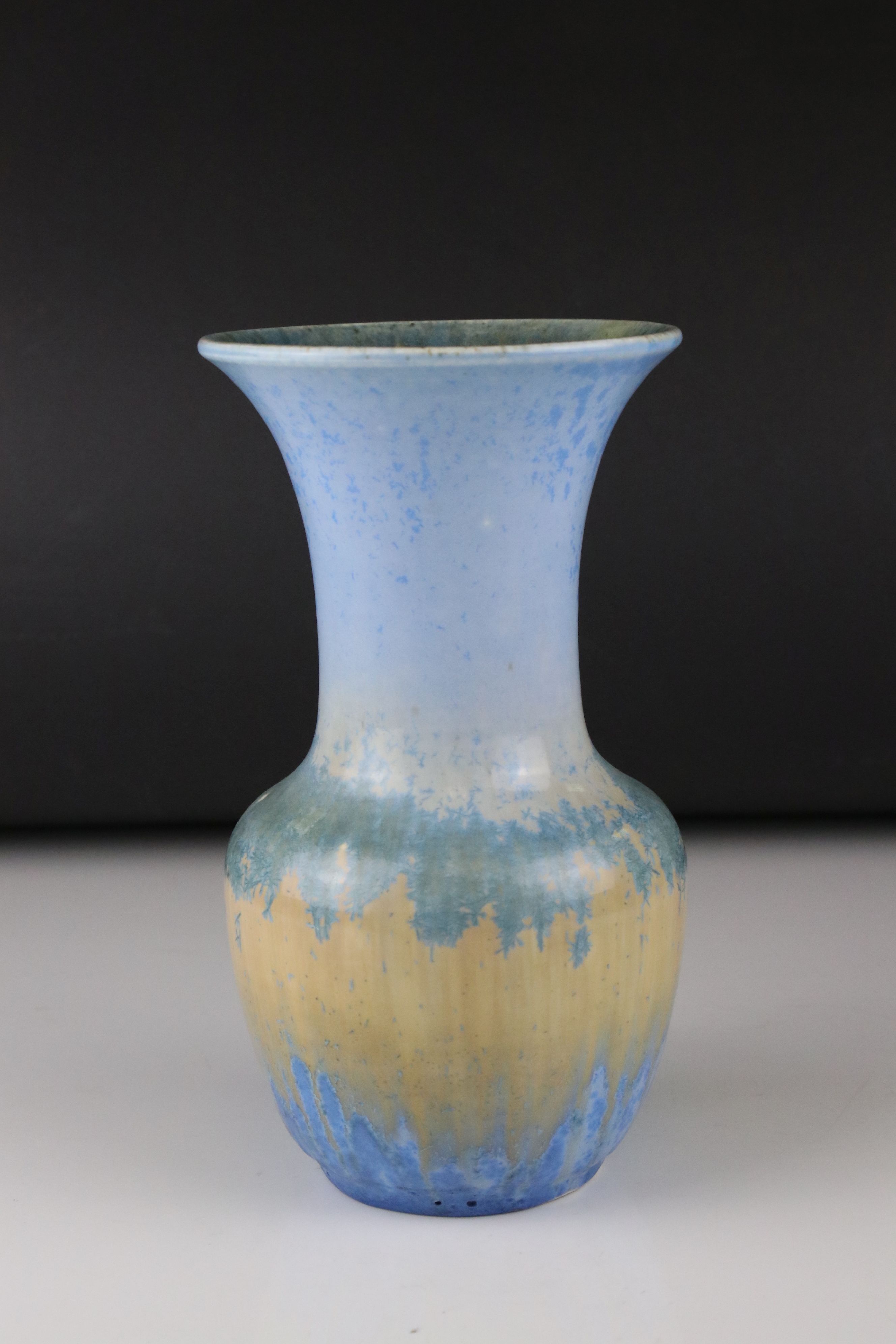 A 20th century Ruskin pottery trumpet shaped vase Crystalline Decoration impressed mark and 1932, 20
