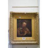 A 19th century oil on panel, Continental portrait of a man playing a flute, mounted in an ornate