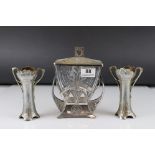 Art Nouveau White Metal and Glass Lidded Jar, 20cms high together with a Pair of Art Nouveau White