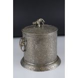 Antique silver plated biscuit barrel with scrolling etched floral and bird decoration, elephant