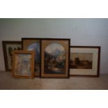 Group of pictures to include Two Pastel Sketches of Switzerland by F W Waud, George Baxter Print,