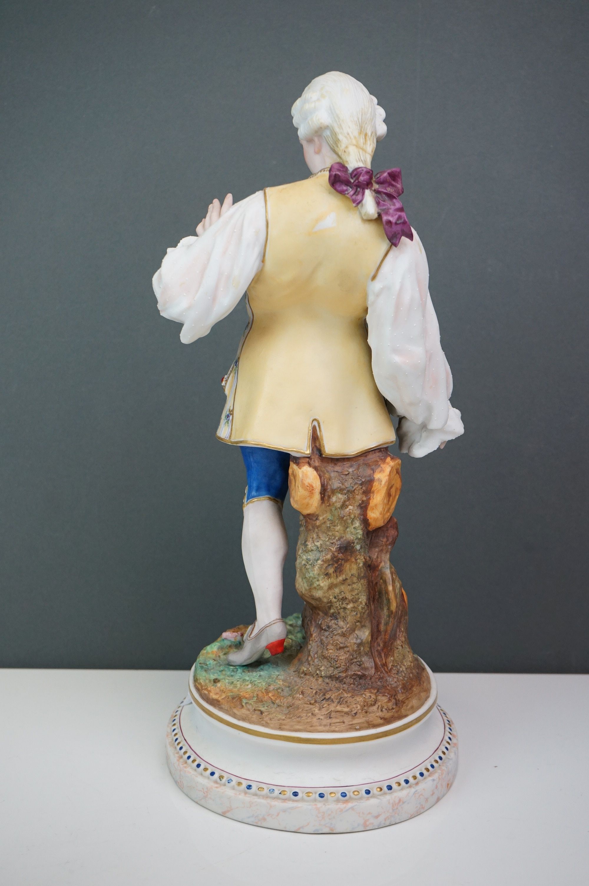 A pair of Continental bisque figures lady and gent in 18th century costume Makers mark AM 35 CM - Image 3 of 5