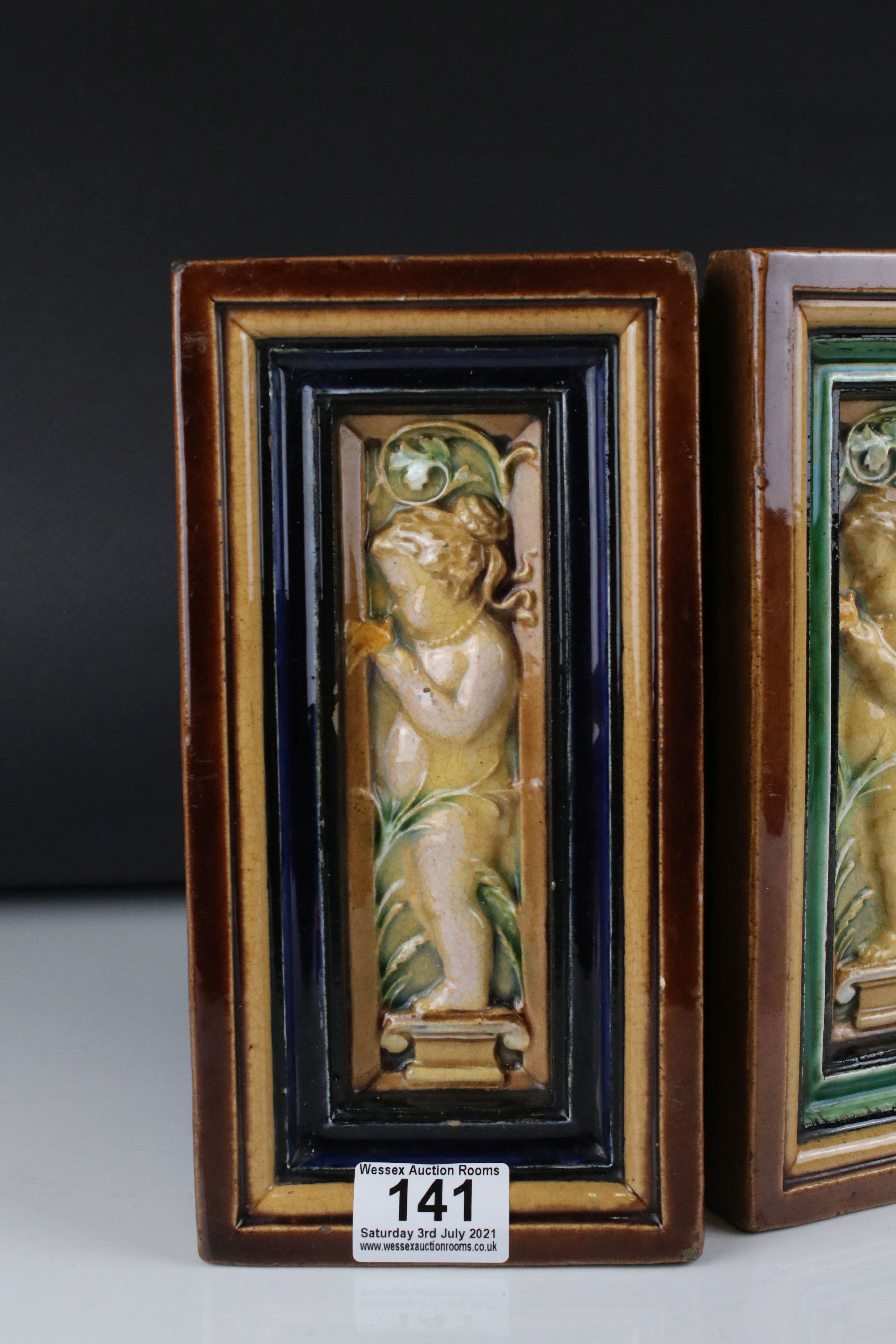 Two Majolica Brick Plaques with moulded relief decoration depicting Cherubs, each 24cms x 13cms - Image 2 of 7