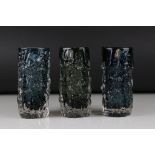 Three Whitefriars Bark Vases, (two indigo and one pewter), two with original labels, each 15.5cms