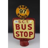 Mid 20th century Cast Iron Double Sided Bus Stop Post Finial Sign marked ' S.C.T Bus Stop ' with