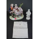 An 18th century bisque Derby figure girl with a scythe with invoice from 1977 together with a