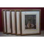After P, A. Baiudouin five framed and glazed Stipple prints of 18th century interior scenes signed
