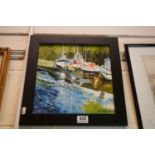 Ron Parker acrylic on canvas contemporary boats on a river signed and dated 09 30 cm square.