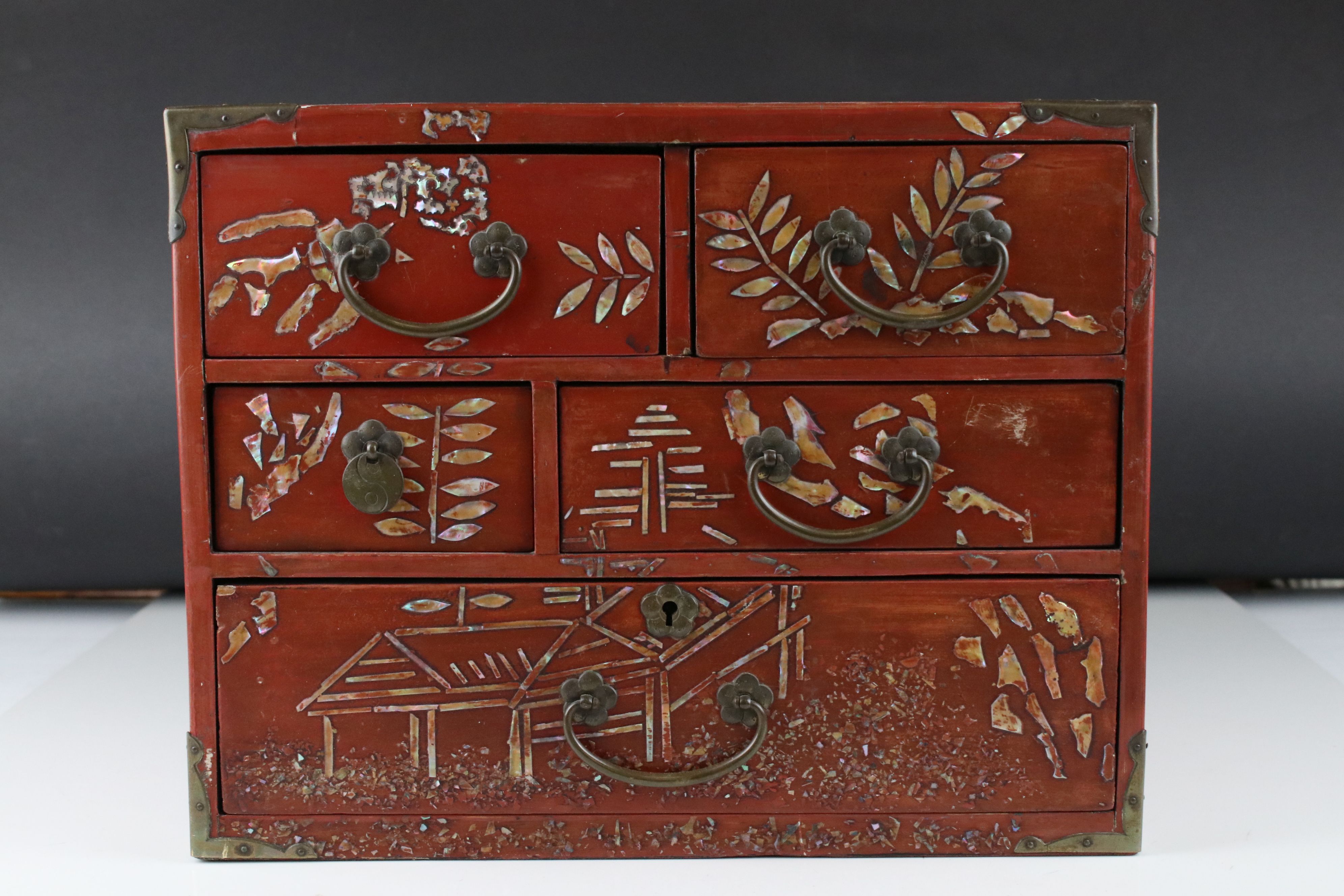 Japanese Red Lacquer and Brass Bound Table Top Cabinet with mother of pearl style decoration, - Image 2 of 7