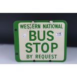 Mid 20th century Enamel Double Sided Bus Stop Sign ' Western National Bus Stop by Request ', 33cms x