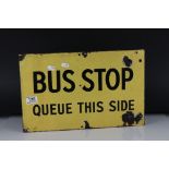 Mid 20th century Enamel Sign ' Bus Stop, Queue this side ', 42cms x 27cms