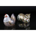 A Royal Crown Derby Imari chicken Paperweight and a similar cat.