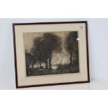 Black and White Etching of Two Figures sat under trees, signed in pencil to the margin and with