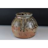 A Jeremy Steward woodfired stoneware studio pottery lidded ovoid two handled vase/pot unsigned,20 cm