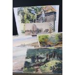 Selection of unframed watercolours, to include harbour, scenic & cottage views, mostly signed