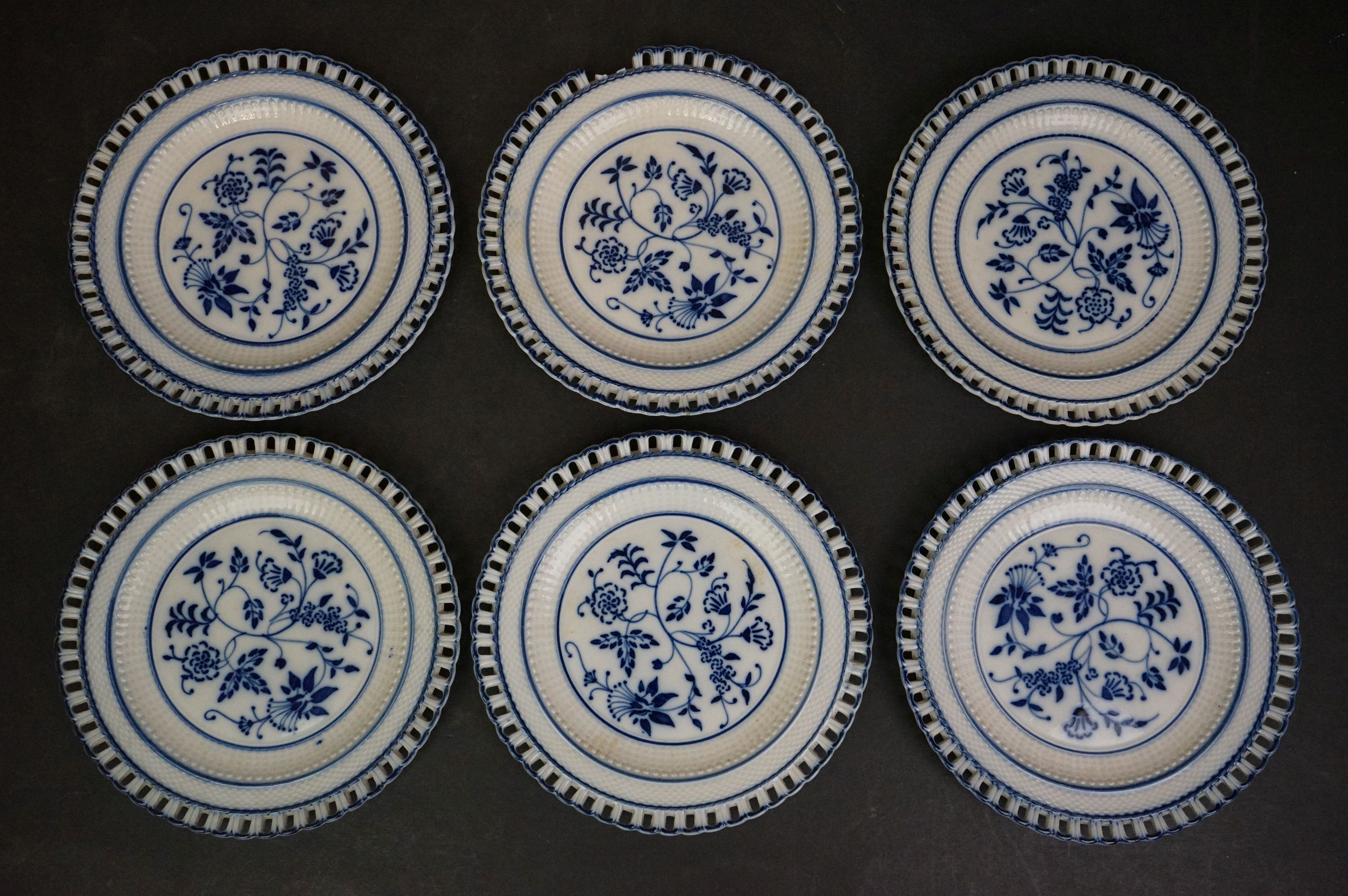Set of Six Waechtersbach Basketweave Ribbon Plates with blue and white onion style pattern