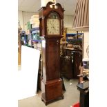 19th century Mahogany Inlaid 8 day Longcase Clock, the painted face with rocking ship to arch, Roman