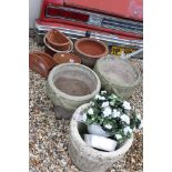 Pair of Composite Stone Garden Urns, 38cms diameter x 34cms high, together with Six Garden Pots