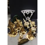 Collection of Eight Rococo style Wall Shelf Brackets, mainly with a gold finish, largest 33cms