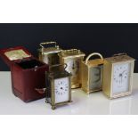 Box of five carriage clocks, one with case (a/f)