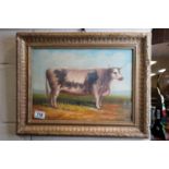 Gilt framed oil painting of a bull in a pasture