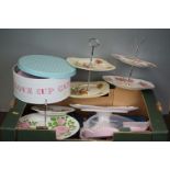 Collection of ceramic cake stands & metal cake tins, to include Colclough (2 boxes)