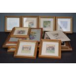 Seven framed and glazed miniatures of cottages and rabbits by Lesley Holmes together Two Fashion