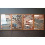 A set of four framed and glazed signed Japanese wood block prints of village scenes, 27 x 17 cm.