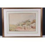 J. Barclay (fl. 1868 - 1888) Farmer with sheep on rural path with buildings Watercolour Signed lower