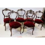 Set of Six Mahogany Balloon Back Chairs with pierced carved backs, stuff over seats and cabriole