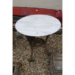 Marble Top Circular Pub Table on a Cast Iron Base stamped Caskell Chambers Ltd, 76cms diameter x