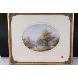 J Johnson Wooded river landscape with mother and child Watercolour, oval Signed and dated 1863