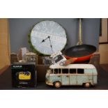 Box of Mixed Collectables including Tin Plate VW Campervan, Cigar Boxes, Pewter Tankard, Clocks,