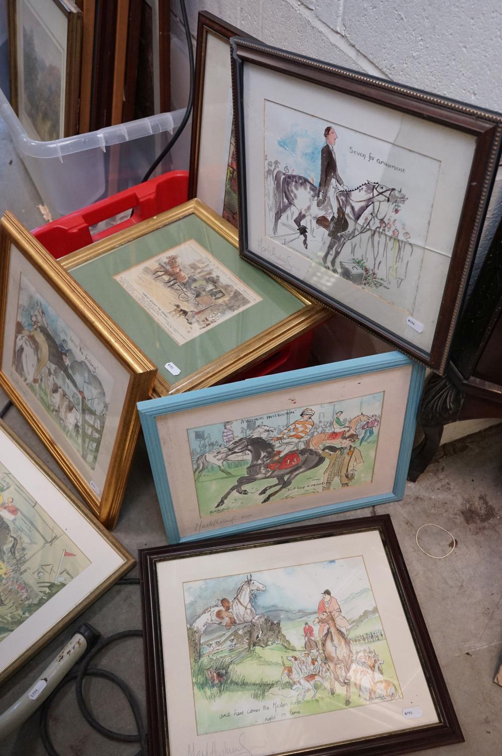 Five Mark Huskisson humorous horse prints and two other prints.