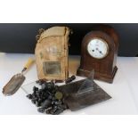 A box of mixed collectables to include a bronze sun dial and a wooden cased mantle clock.