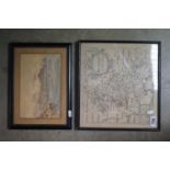 H Moxon Cook watercolour, Continental lake scene signed, together with an antique map of