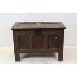 Small Antique Oak Coffer with iron lock and lunette carving to front, 87cms wide x 59cms high