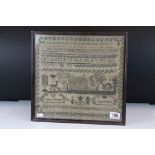 Mid 19th century Needlework Sampler by Alicia Moses, aged 8 years dated 184?, comprising three