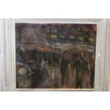 Oil on canvas, modernist painting, miners going to work, inscribed verso Lockyer Alsop The Night