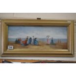 Gilt framed oil painting of an extensive Victorian beach scene, with figures