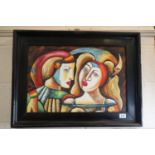 Framed Modernist oil painting of two masquerade figures