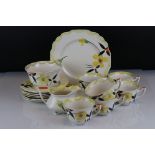 Art Deco ' Myott & Sons ' Hand Painted Part Tea Service including Six Cups, Six Saucers, Five Tea