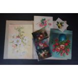 Folder containing floral studies artworks in oil, together with three 19th century watercolours